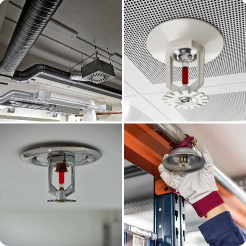 Fire sprinkler details, pipework and a technician installing a sprinkler