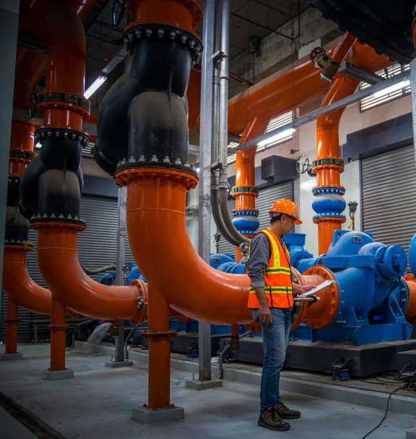 Maintenance engineer beside pumps and pipework in an equipment room